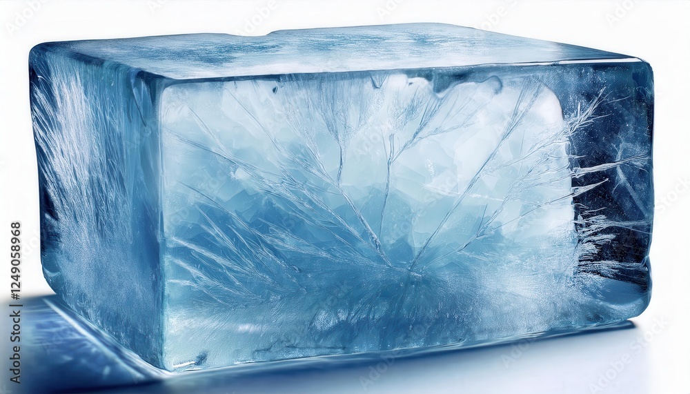Poster crystal-clear ice block with frozen patterns for design, advertising, or beverage promotions showcas