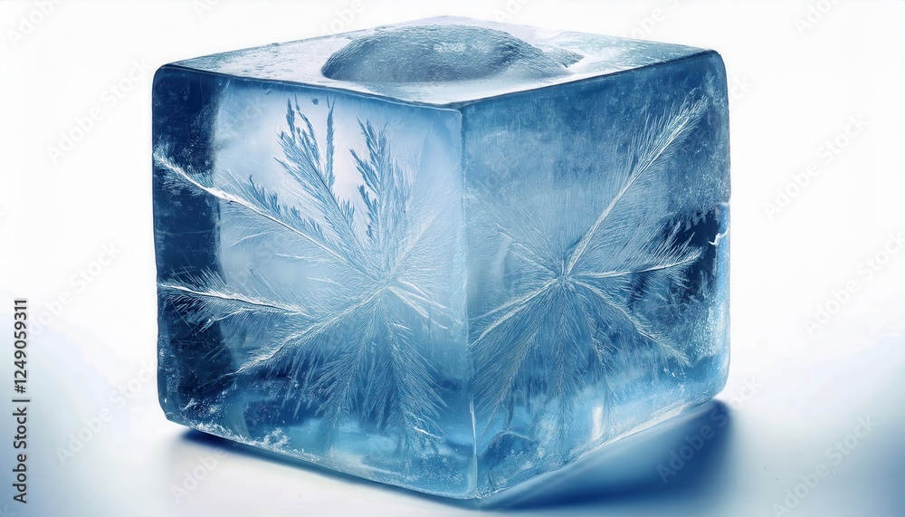 Poster crystal-clear ice block with frozen patterns for design, advertising, or beverage promotions showcas
