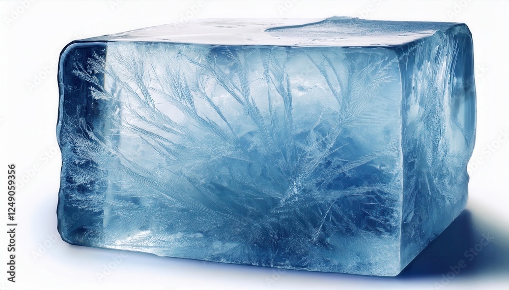 Poster crystal-clear ice block with frozen patterns for design, advertising, or beverage promotions showcas