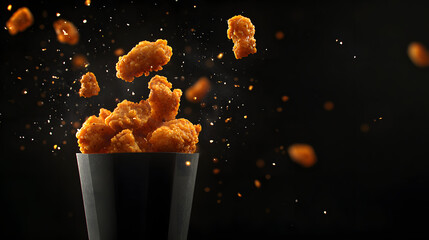 Bite-sized pieces of crispy fried chicken are exploding out of a black cup against a dark background with scattered crumbs.