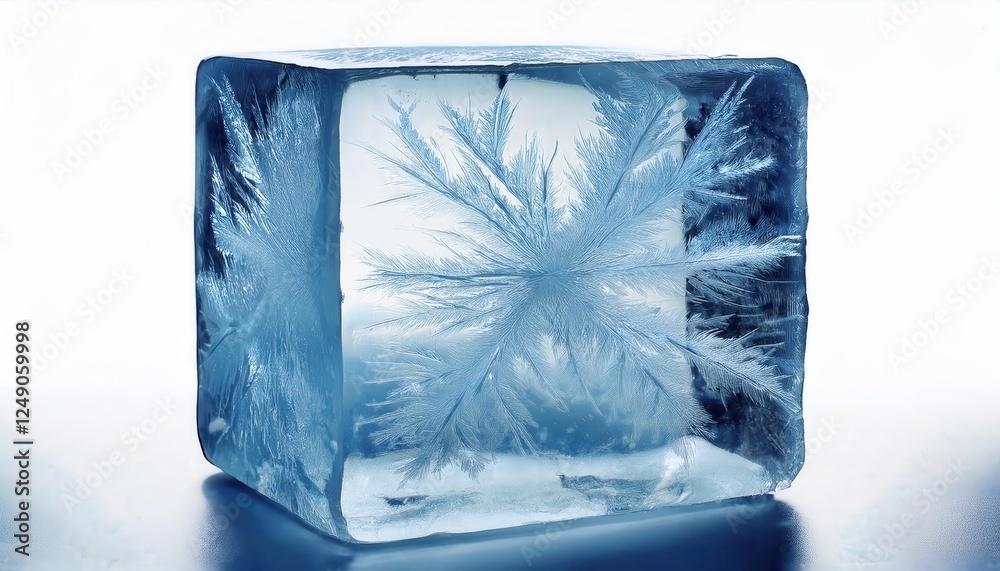 Poster crystal-clear ice block with frozen patterns for design, advertising, or beverage promotions showcas