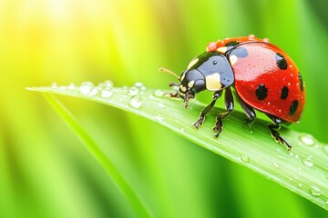 Obraz premium A close-up of a ladybug resting on a green leaf with dew drops.
