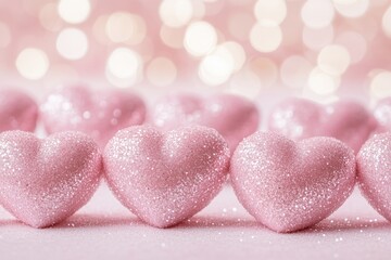 Fototapeta premium A row of sparkling pink hearts on a soft pink background with bokeh lights.