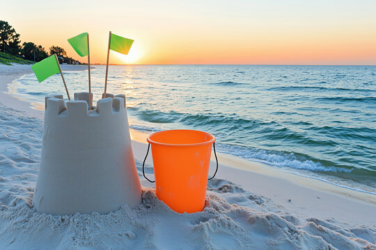 A sandcastle with green flags beside an orange bucket on a beach during sunset.
