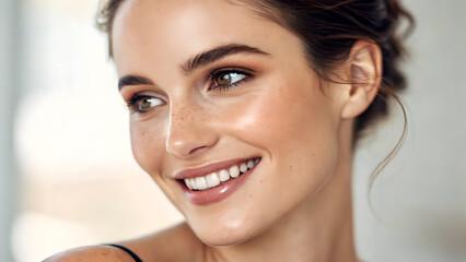 Naklejka premium Close-up of a smiling young woman with light freckles, warm brown eyes, and loose waves, set against a softly blurred background Generative AI