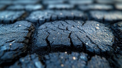 Close-up of cracked, dark, textured asphalt. Background shows more asphalt. Use for construction, industrial, or environmental themes