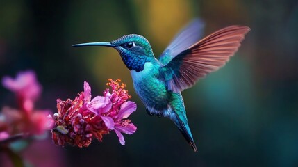 Fototapeta premium A hummingbird, filled with color, hovers delicately in front of a blossoming flower