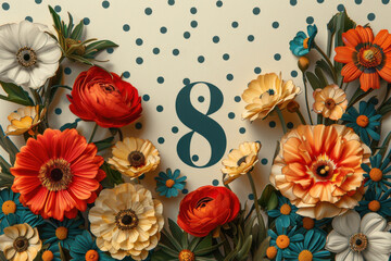 Colorful flowers in vibrant shades frame a large number eight against a light background adorned with polka dots, ideal for March festivities and seasonal cheer.