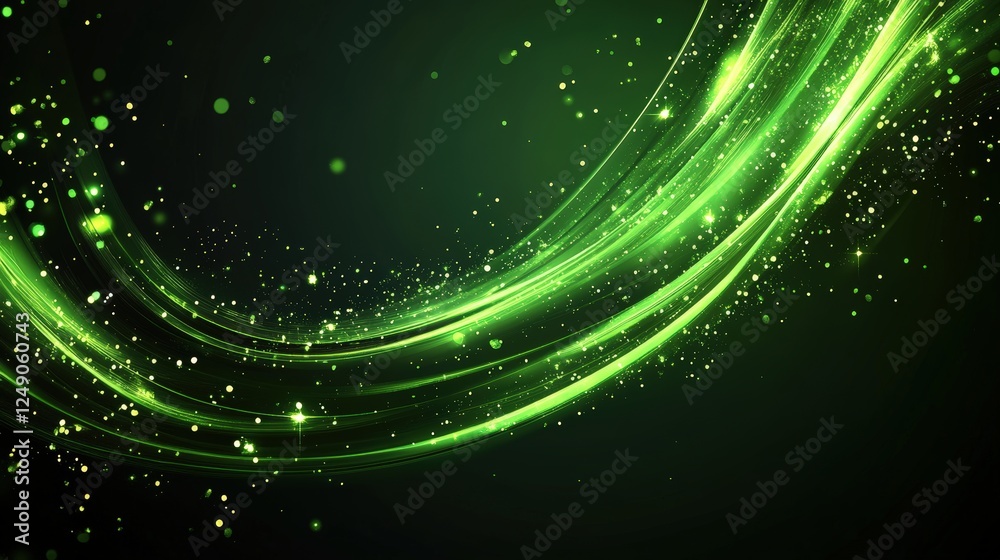 Poster abstract green background with glowing lines and dynamic elements for modern design projects and cre