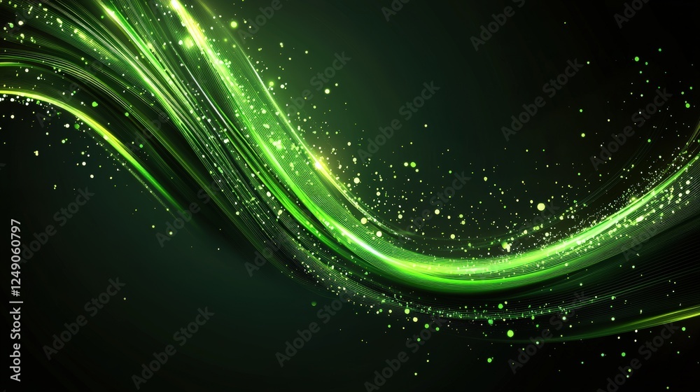 Poster abstract green background with glowing lines and sparkling elements creating a dynamic visual flow f