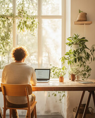 Fototapeta premium Person working at minimalist desk with plants and natural light with copy space