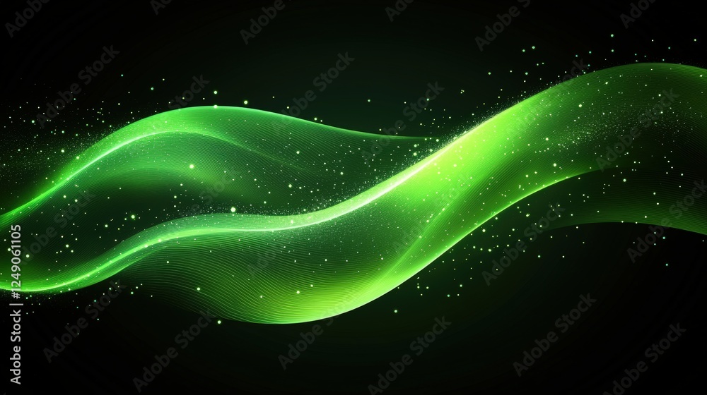 Poster ethereal abstract green background featuring luminous lines and floating particles for creative desi