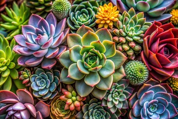 Fototapeta premium Colorful succulents in garden close-up flower wallpaper concept