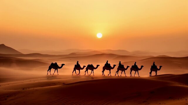 Sunset Camel Caravan Across the Arabian Desert