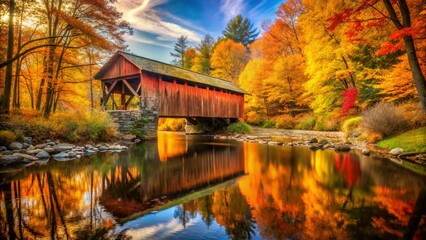 Fototapeta premium Historic Lancaster County Covered Bridge, Pequea Creek, Pennsylvania - Autumn Scenery