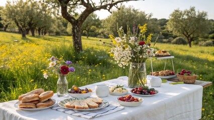 Fototapeta premium Idyllic Summer Picnic Table in Wildflower Meadow