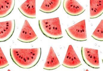 Red watermelon slices arranged in a symmetrical pattern over a white background, showcasing the vibrant red flesh and black seeds of the fruit