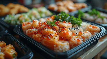 Freshly prepared sushi platters displayed at a vibrant food market, showcasing artistic culinary presentation and rich colors