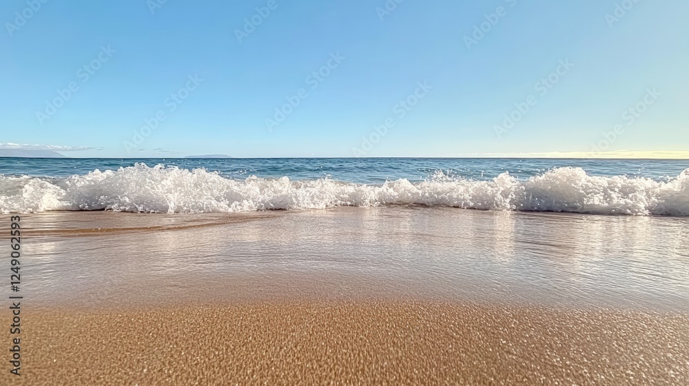 Poster soft ocean waves gently roll onto the shore, creating a tranquil scene of white foam meeting golden 