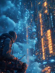 Fototapeta premium Cyberpunk style illustration of an android ninja with VR glasses on his face floating among the clouds on an electronic glider, surrounded by clouds of data, in which streams of information flow in a 