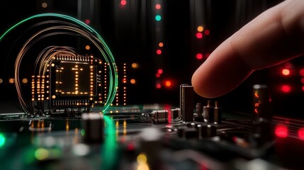Fototapeta premium Close-Up of Circuit Board with Microchip and Touching Finger