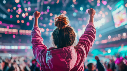 Fototapeta premium Euphoric Crowd Celebration: Back View of Woman with Arms Raised at Concert
