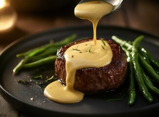 Delicious grilled steak topped with a creamy sauce, garnished with black pepper, and accompanied by green beans, beautifully presented on a black plate for a gourmet dining experience.