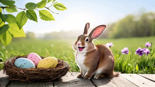 Playful rabbit running and laughing next to colorful easter eggs with a nest and flowers in a cheerful setting
