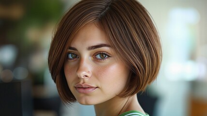 Fototapeta premium Natural Portrait of Young Woman with Bob Cut and Freckles