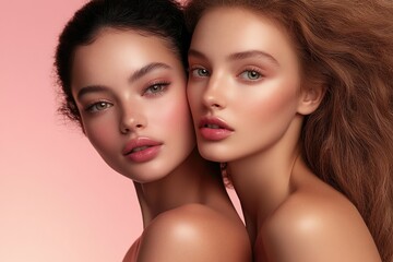 Fototapeta premium Beautiful models pose together showcasing skincare products under soft lighting