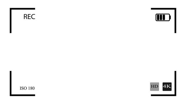 Camera viewfinder with blinking rec icon. Camera recording screen 4k video