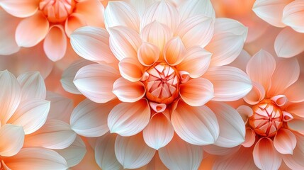 Close-up of soft peach and white dahlia flowers, detailed petals, floral background