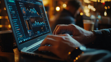 Hands typing data analysis results on laptop in cafe