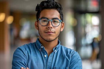 Confident and Positive: Portrait of a Young Hispanic Man in Blue Shirt and Glasses, Arms Crossed, Gazing at the Camera