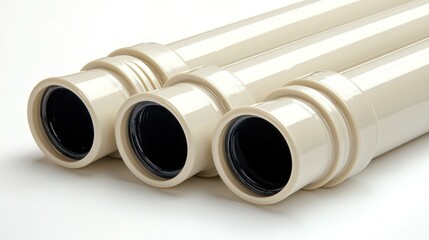 Fototapeta premium Close-up of three beige PVC pipes with couplings on white background
