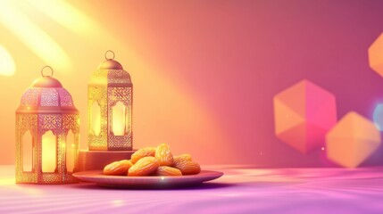 Fototapeta premium Ramadan Festive Still Life: Golden Lanterns Dates and Warm Lights