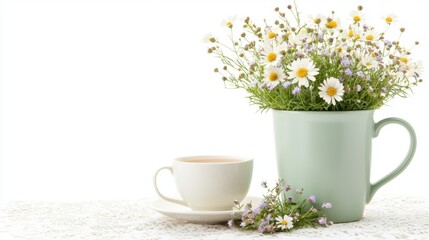Adorable Potted Flowers in a Pastel Cozy Setup. Fresh flowers in a mug beside a teacup on a light background.