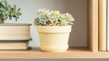 Adorable Potted Flowers in a Pastel Cozy Setup. Succulent plant in a yellow pot on a wooden shelf with books.