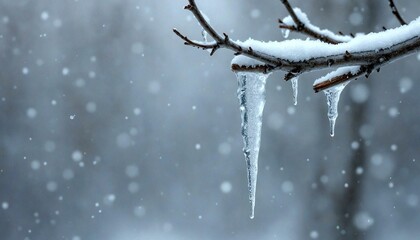 Snowy Branch with Icicles in Winter Outdoors