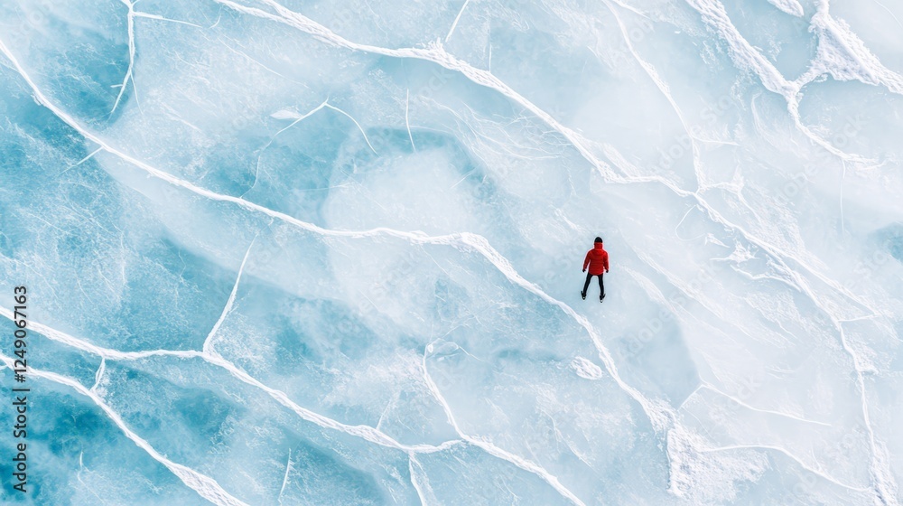 Poster aerial view of person wearing red winter jacket standing on frozen cracked ice surface of turquoise 