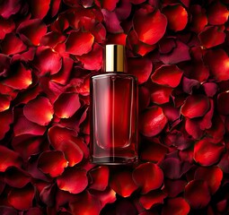 Elegant red rose petals forming a symmetrical pattern around the bottle of perfume, creating a luxurious 