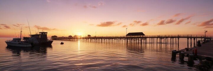 Fototapeta premium Fishing pier at sunset with boats in the background, yacht, beach, water