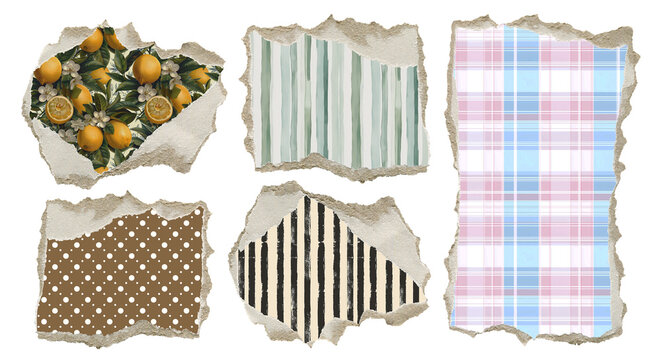 Vintage torn pieces of paper set, isolated collage elements with pattern on transparent background