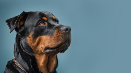 Obraz premium Rottweiler Dog Portrait, Calm Mood, Against Blue Background with Copy Space