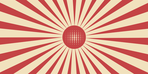 Red sunburst lines on yellow Background. Light sun rays pattern. Vintage stripes halftone radial wallpaper for poster, banner, advertising backdrop, comic or