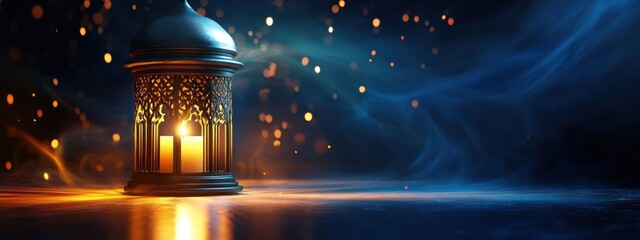 Glowing Ramadan Lantern in Mystical Blue Haze Night Scene, Intricate Metalwork, Candlelight, Festive Atmosphere