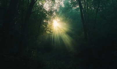 Sunlit Forest in Brussels with High Green Trees and Morning Rays Creating a Serene and Mystical Atmosphere, 