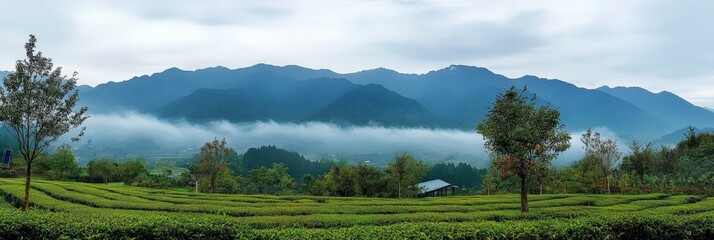 Fototapeta premium A tea plantation with misty mountains in the background