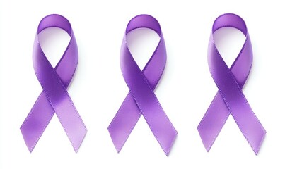 Three purple ribbons, awareness campaign, white background, support
