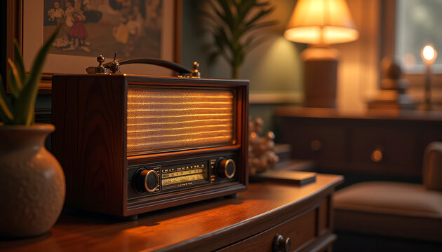 Shortwave radio receiver on wooden table in retro living room, nostalgic concept with warm lighting